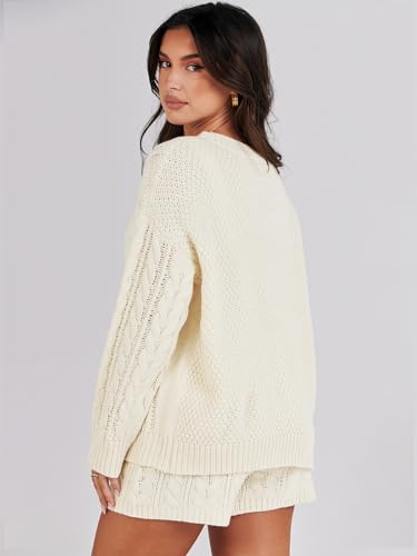 ANRABESS Women 2 Piece Outfits Sweater Lounge Loungewear Sets Fall Cable Knit Oversized Pullover Short Pants Matching Sets Beige X-Large