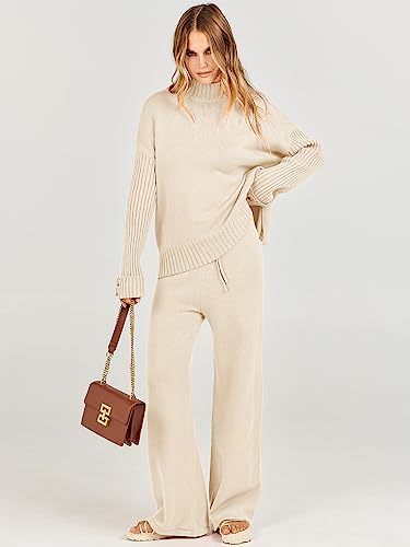 ANRABESS Women's 2 Piece Outfit Sweater Lounge Sets Long Sleeve Knit Pullover Wide Leg Pant Tracksuit Loungewear 2024 Fashion Small