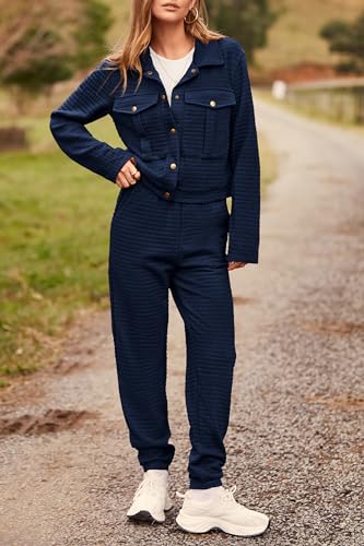 PRETTYGARDEN Womens 2024 Fall 2 Piece Outfits Tracksuit Long Sleeve Button Down Shacket Jacket Pockets Long Pants Casual Set (Navy,Medium)