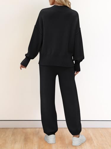 MEROKEETY Women's 2 Piece Outfits Sweater Sets Waffle Knit Cardigan and High Waist Pants Lounge Set, Black, S