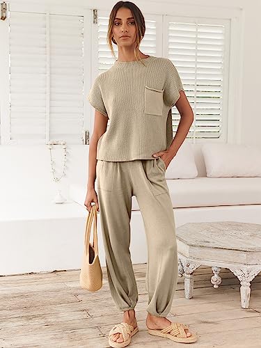 ANRABESS Women's Two Piece Outfits Knit Sweater Pullover Crop Top & Pants Lounge Matching Tracksuit Sweatsuit Sets 2024 Trendy Loungewear Clothes Khaki X-Large