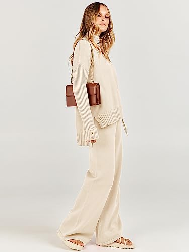 ANRABESS Women's 2 Piece Outfit Sweater Lounge Sets Long Sleeve Knit Pullover Wide Leg Pant Tracksuit Loungewear 2024 Fashion Small
