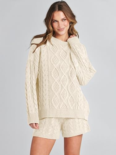 ANRABESS Women 2 Piece Outfits Sweater Lounge Loungewear Sets Fall Cable Knit Oversized Pullover Short Pants Matching Sets Beige X-Large