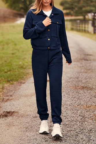 PRETTYGARDEN Womens 2024 Fall 2 Piece Outfits Tracksuit Long Sleeve Button Down Shacket Jacket Pockets Long Pants Casual Set (Navy,Medium)