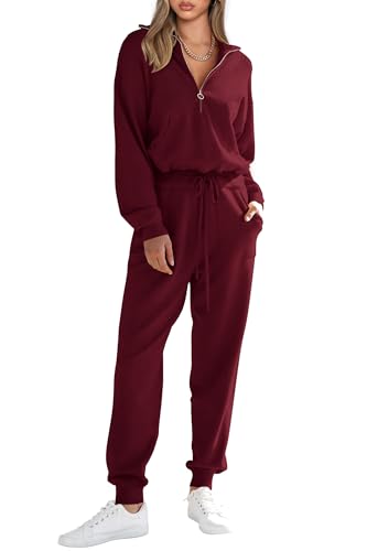 PRETTYGARDEN Women's 2 Piece Sweater Set Pullover Zip Up Sweatshirt Jogger Sweatpants Tracksuit Casual Outfit (Wine Red,Large)