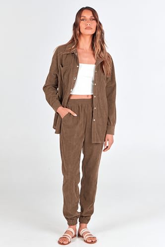 PRETTYGARDEN Women's 2 Piece Outfits Casual Corduroy Long Sleeve Button Down Jacket and Pants Tracksuit with Pockets (Brown,Medium)