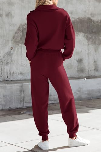 PRETTYGARDEN Women's 2 Piece Sweater Set Pullover Zip Up Sweatshirt Jogger Sweatpants Tracksuit Casual Outfit (Wine Red,Large)