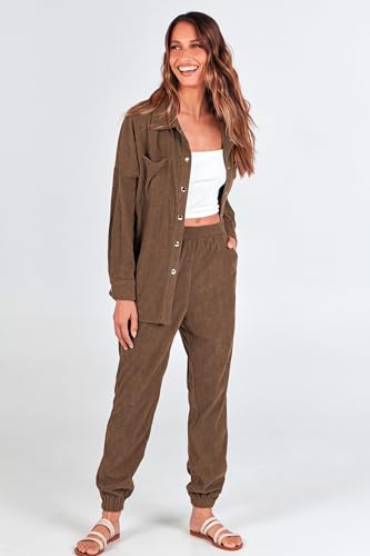 PRETTYGARDEN Women's 2 Piece Outfits Casual Corduroy Long Sleeve Button Down Jacket and Pants Tracksuit with Pockets (Brown,Medium)