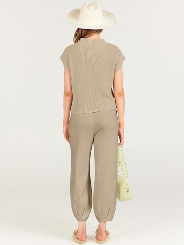 ANRABESS Women's Two Piece Outfits Knit Sweater Pullover Crop Top & Pants Lounge Matching Tracksuit Sweatsuit Sets 2024 Trendy Loungewear Clothes Khaki X-Large