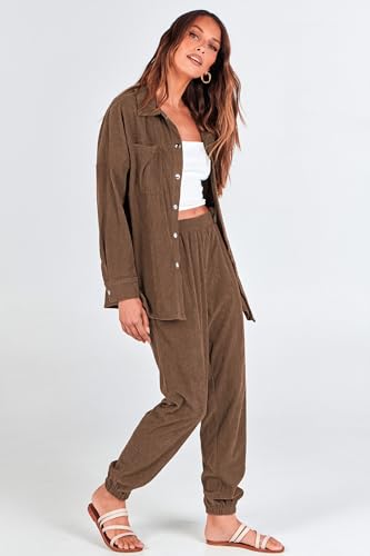 PRETTYGARDEN Women's 2 Piece Outfits Casual Corduroy Long Sleeve Button Down Jacket and Pants Tracksuit with Pockets (Brown,Medium)