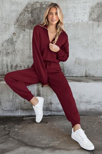 PRETTYGARDEN Women's 2 Piece Sweater Set Pullover Zip Up Sweatshirt Jogger Sweatpants Tracksuit Casual Outfit (Wine Red,Large)