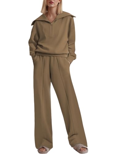 Aleumdr Two Piece Outfits Half Zip Sweatshirt Sweatsuit Fleece Lounge Sets for Women Matching Set Oversized Pullover Wide Leg Sweatpant Tracksuit 2024 Fall Fashion Travel Athletic Clothing Brown