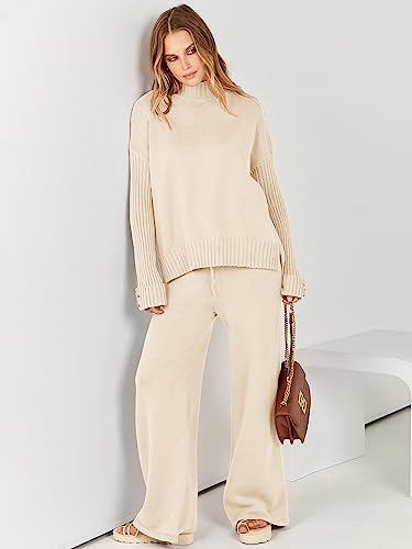 ANRABESS Women's 2 Piece Outfit Sweater Lounge Sets Long Sleeve Knit Pullover Wide Leg Pant Tracksuit Loungewear 2024 Fashion Small