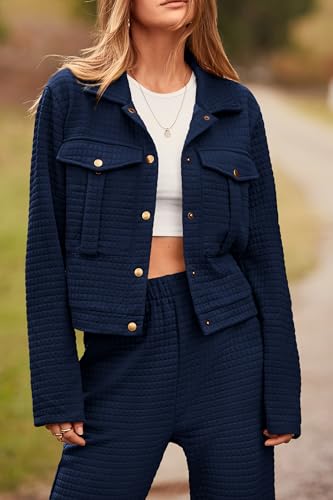 PRETTYGARDEN Womens 2024 Fall 2 Piece Outfits Tracksuit Long Sleeve Button Down Shacket Jacket Pockets Long Pants Casual Set (Navy,Medium)