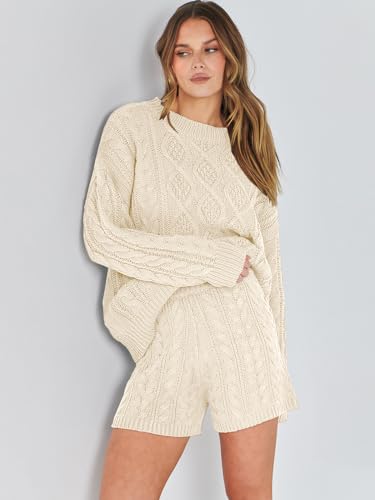 ANRABESS Women 2 Piece Outfits Sweater Lounge Loungewear Sets Fall Cable Knit Oversized Pullover Short Pants Matching Sets Beige X-Large