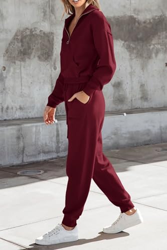 PRETTYGARDEN Women's 2 Piece Sweater Set Pullover Zip Up Sweatshirt Jogger Sweatpants Tracksuit Casual Outfit (Wine Red,Large)