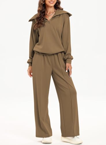 Aleumdr Two Piece Outfits Half Zip Sweatshirt Sweatsuit Fleece Lounge Sets for Women Matching Set Oversized Pullover Wide Leg Sweatpant Tracksuit 2024 Fall Fashion Travel Athletic Clothing Brown