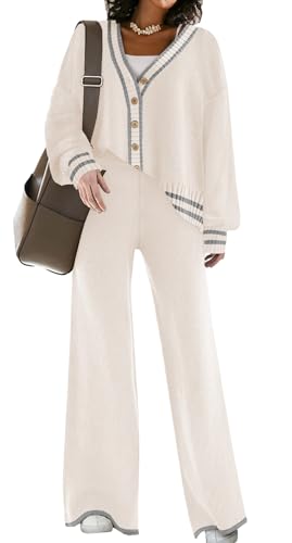 Womens 2 Piece Trendy Outfits Oversized Chunky Matching Sweater Sets Cozy Knit Sweatsuit with Open Front Cardigan and Wide Leg Pants