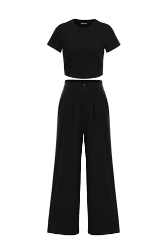 PRETTYGARDEN Women's Summer Knit 2 Piece Outfit Short Sleeve Crop Tee Tops Wide Leg Pants Set Tracksuit Loungewear (Black,Small)