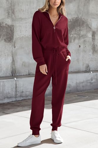PRETTYGARDEN Women's 2 Piece Sweater Set Pullover Zip Up Sweatshirt Jogger Sweatpants Tracksuit Casual Outfit (Wine Red,Large)