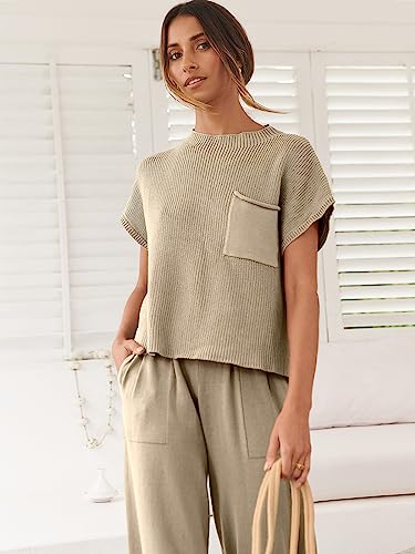 ANRABESS Women's Two Piece Outfits Knit Sweater Pullover Crop Top & Pants Lounge Matching Tracksuit Sweatsuit Sets 2024 Trendy Loungewear Clothes Khaki X-Large