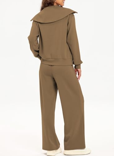 Aleumdr Two Piece Outfits Half Zip Sweatshirt Sweatsuit Fleece Lounge Sets for Women Matching Set Oversized Pullover Wide Leg Sweatpant Tracksuit 2024 Fall Fashion Travel Athletic Clothing Brown