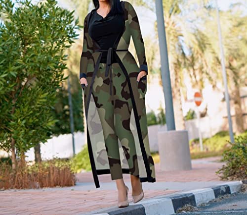 A ADILACA Womens 2 Piece Pants Set - Sexy Long Sleeve Open Front Cardigans + Skinny Pants Suits, Summer Spring Fall Autumn Winter Season Casual Daily Clubwear Wear (Camouflage, L)