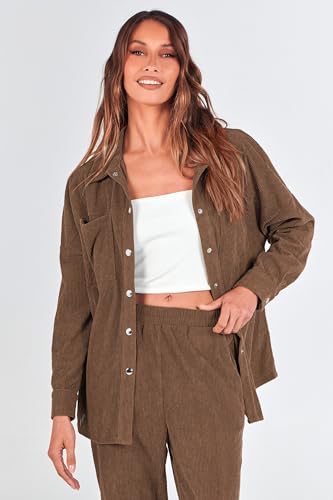 PRETTYGARDEN Women's 2 Piece Outfits Casual Corduroy Long Sleeve Button Down Jacket and Pants Tracksuit with Pockets (Brown,Medium)
