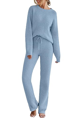 MEROKEETY Women's Casual Two Piece knit Sweater Sets Lightweight Comfy Loose Sweatsuit Outfits, Blue, Medium
