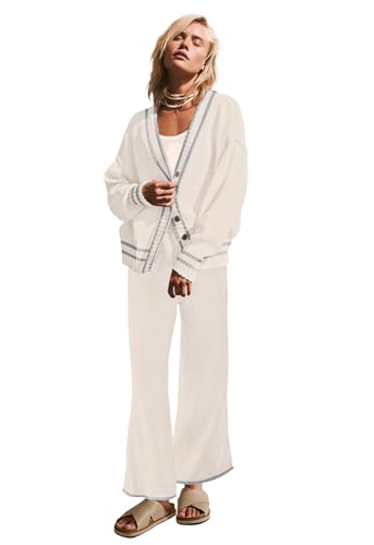 Womens 2 Piece Trendy Outfits Oversized Chunky Matching Sweater Sets Cozy Knit Sweatsuit with Open Front Cardigan and Wide Leg Pants