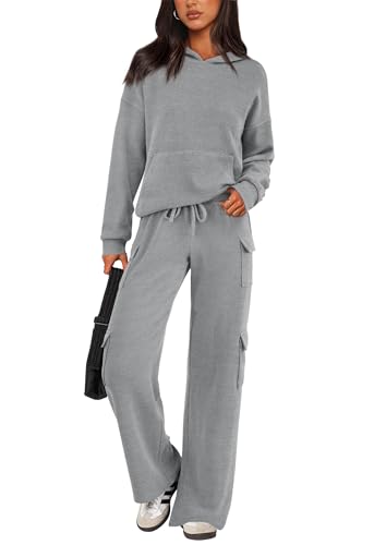 PRETTYGARDEN Women's 2 Piece Lounge Sets 2024 Fall Knitted Hoodie Pullover Tops Cargo Pants Matching Outfits Tracksuits (Grey,Medium)