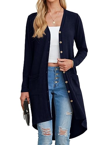 GRECERELLE Women's Open Front Cardigans Button Down Long Sleeve Draped Duster Outerwear with Pockets(Navy Blue, XX-Large)