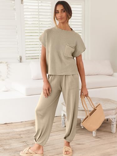 ANRABESS Women's Two Piece Outfits Knit Sweater Pullover Crop Top & Pants Lounge Matching Tracksuit Sweatsuit Sets 2024 Trendy Loungewear Clothes Khaki X-Large