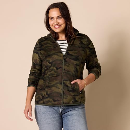 Amazon Essentials Women's Classic-Fit Full-Zip Polar Soft Fleece Jacket (Available in Plus Size), Green Camo, Large