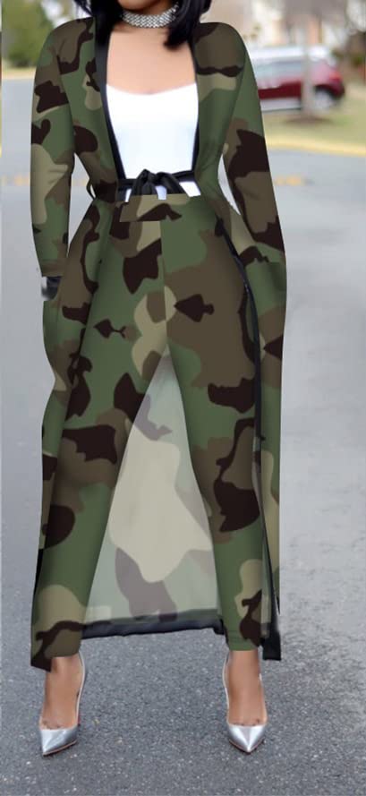 A ADILACA Womens 2 Piece Pants Set - Sexy Long Sleeve Open Front Cardigans + Skinny Pants Suits, Summer Spring Fall Autumn Winter Season Casual Daily Clubwear Wear (Camouflage, L)