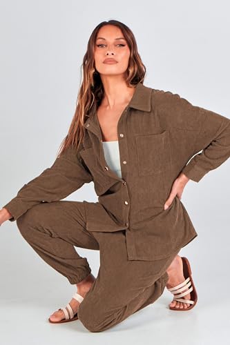 PRETTYGARDEN Women's 2 Piece Outfits Casual Corduroy Long Sleeve Button Down Jacket and Pants Tracksuit with Pockets (Brown,Medium)