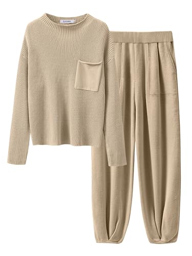 ANRABESS Women's Two Piece Outfits Long Sleeve Knit Top Fall Sweater Set Oversized Pants Tracksuit Lounge Sets Khaki X-Large