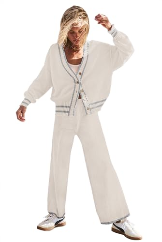 Womens 2 Piece Trendy Outfits Oversized Chunky Matching Sweater Sets Cozy Knit Sweatsuit with Open Front Cardigan and Wide Leg Pants