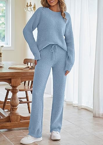 MEROKEETY Women's Casual Two Piece knit Sweater Sets Lightweight Comfy Loose Sweatsuit Outfits, Blue, Medium