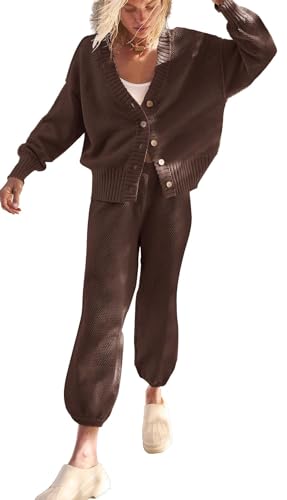 Womens 2 Piece Sweater Matching Sets Fashion Oversized Cardigan and Baggy Long Pants Knitted Outfits Set Sweatsuit Coffee