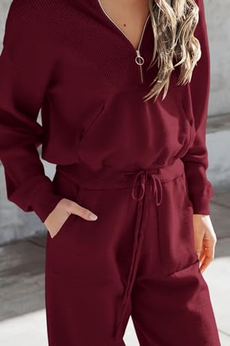 PRETTYGARDEN Women's 2 Piece Sweater Set Pullover Zip Up Sweatshirt Jogger Sweatpants Tracksuit Casual Outfit (Wine Red,Large)
