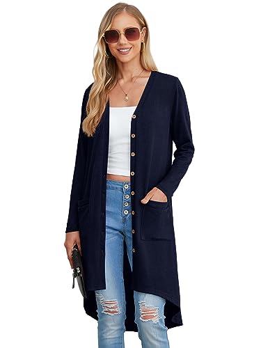 GRECERELLE Women's Open Front Cardigans Button Down Long Sleeve Draped Duster Outerwear with Pockets(Navy Blue, XX-Large)
