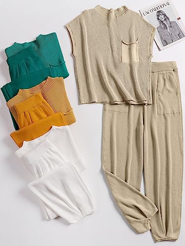 ANRABESS Women's Two Piece Outfits Knit Sweater Pullover Crop Top & Pants Lounge Matching Tracksuit Sweatsuit Sets 2024 Trendy Loungewear Clothes Khaki X-Large