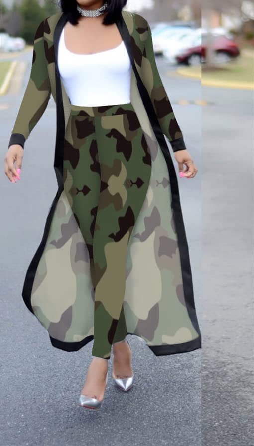 A ADILACA Womens 2 Piece Pants Set - Sexy Long Sleeve Open Front Cardigans + Skinny Pants Suits, Summer Spring Fall Autumn Winter Season Casual Daily Clubwear Wear (Camouflage, L)