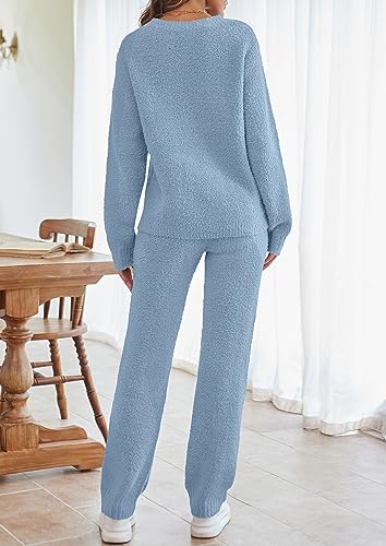 MEROKEETY Women's Casual Two Piece knit Sweater Sets Lightweight Comfy Loose Sweatsuit Outfits, Blue, Medium