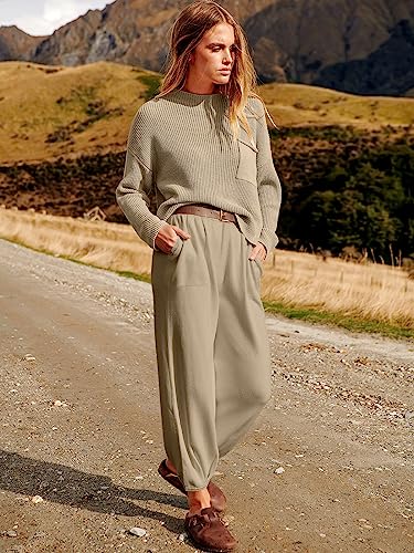 ANRABESS Women's Two Piece Outfits Long Sleeve Knit Top Fall Sweater Set Oversized Pants Tracksuit Lounge Sets Khaki X-Large