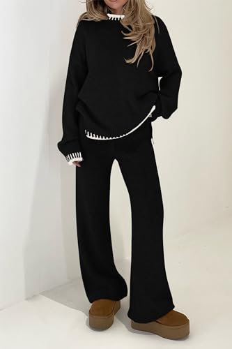 PRETTYGARDEN Women's 2 Piece Knit Sweater Outfit Casual Long Sleeve Pullover Wide Leg Pants Tracksuit Loungewear Set (Black,Medium)