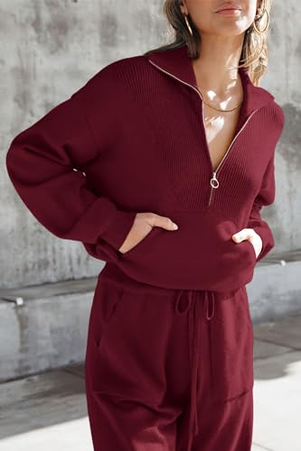 PRETTYGARDEN Women's 2 Piece Sweater Set Pullover Zip Up Sweatshirt Jogger Sweatpants Tracksuit Casual Outfit (Wine Red,Large)