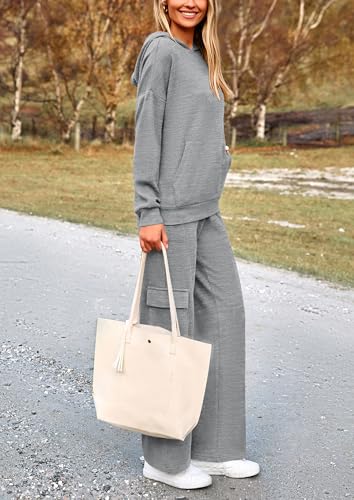 PRETTYGARDEN Women's 2 Piece Lounge Sets 2024 Fall Knitted Hoodie Pullover Tops Cargo Pants Matching Outfits Tracksuits (Grey,Medium)