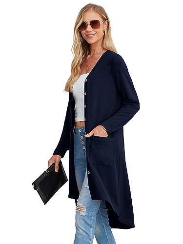 GRECERELLE Women's Open Front Cardigans Button Down Long Sleeve Draped Duster Outerwear with Pockets(Navy Blue, XX-Large)
